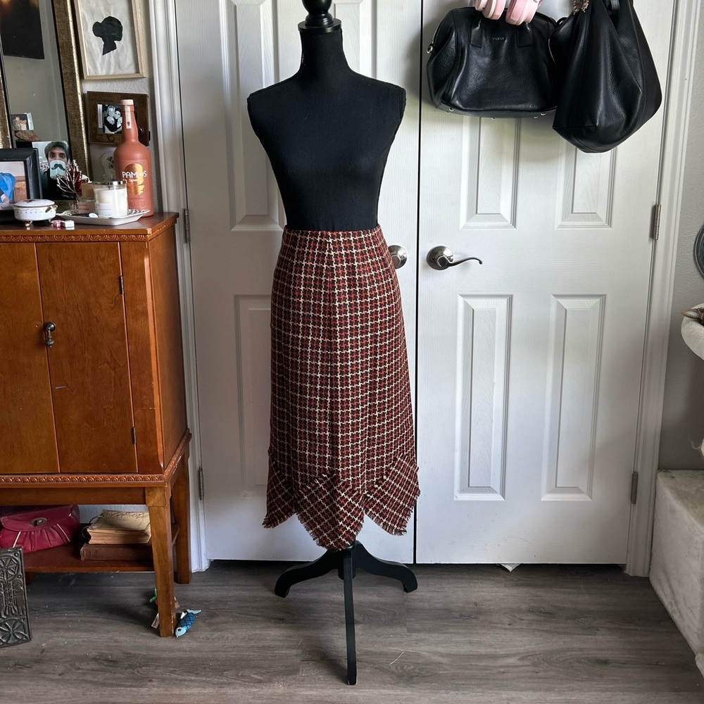 Harve Bernard orange & brown herringbone fringe bottom dark academia midi skirt
